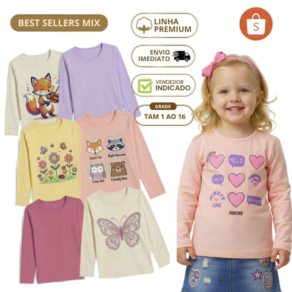 Kit 3 Camiseta de Frio Infantil Feminina Blusa Manga Longa Menina Algodão Roupas Infantis Inverno