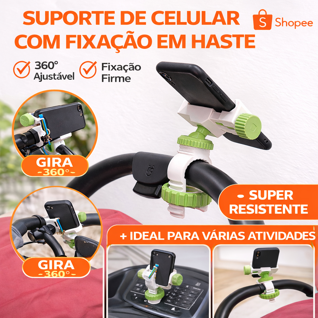 Suporte de Celular com Fixação em Haste – Ajustável e Super Resistente