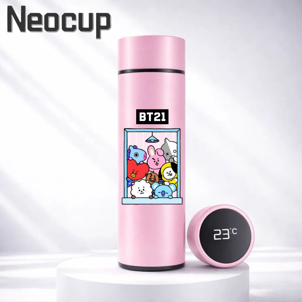 Garrafa Térmica aço inoxidável K-POP BTS BT21 x ARMY com termômetro digital 500ml