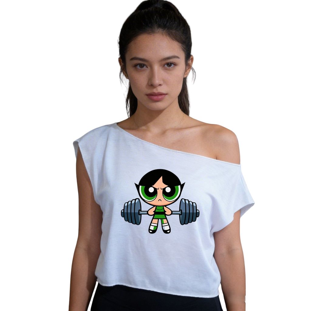 camiseta feminina branca, blusa ombro a ombro, regata, cropped, fitness, academia meninas superpoderosas