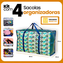 Kit 4un Sacola Sacolão Mochila Bag Viagem Compras GG Impermeável 80CM Mudança