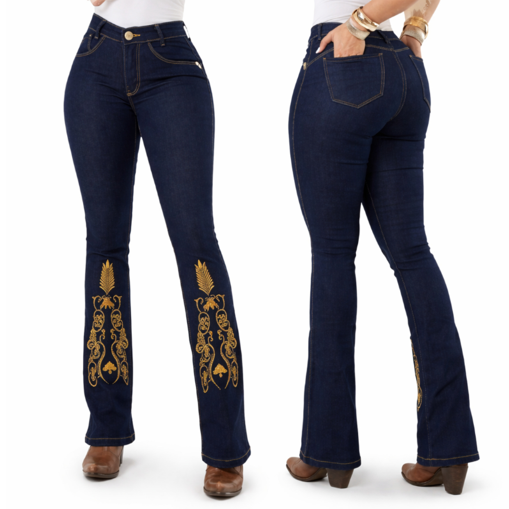 Calça Jeans Feminina Flare Bordada Country Premium Cintura Alta 38 ao 50