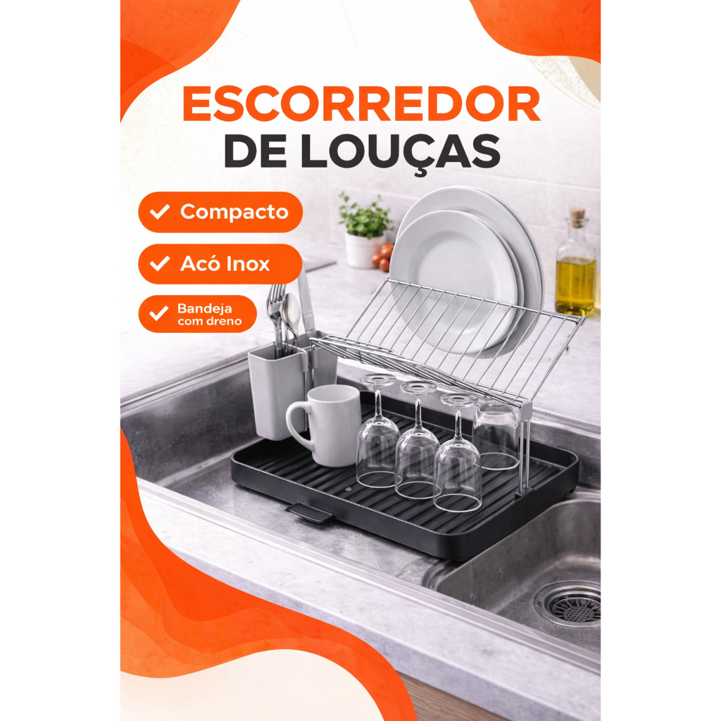 Escorredor de Pratos Aço Inox Compacto com Suporte para Talheres