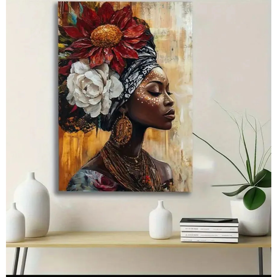 Quadro Decorativo Mulher Africana com Flores – Arte Moderna Vertical