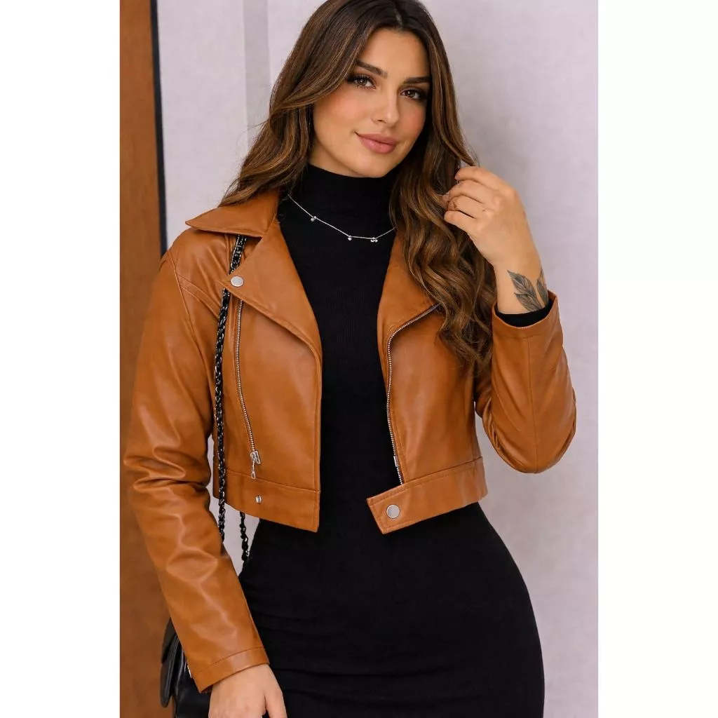Jaqueta Cropped Feminina Couro Sintético  Estilosa Moda Inverno 2026