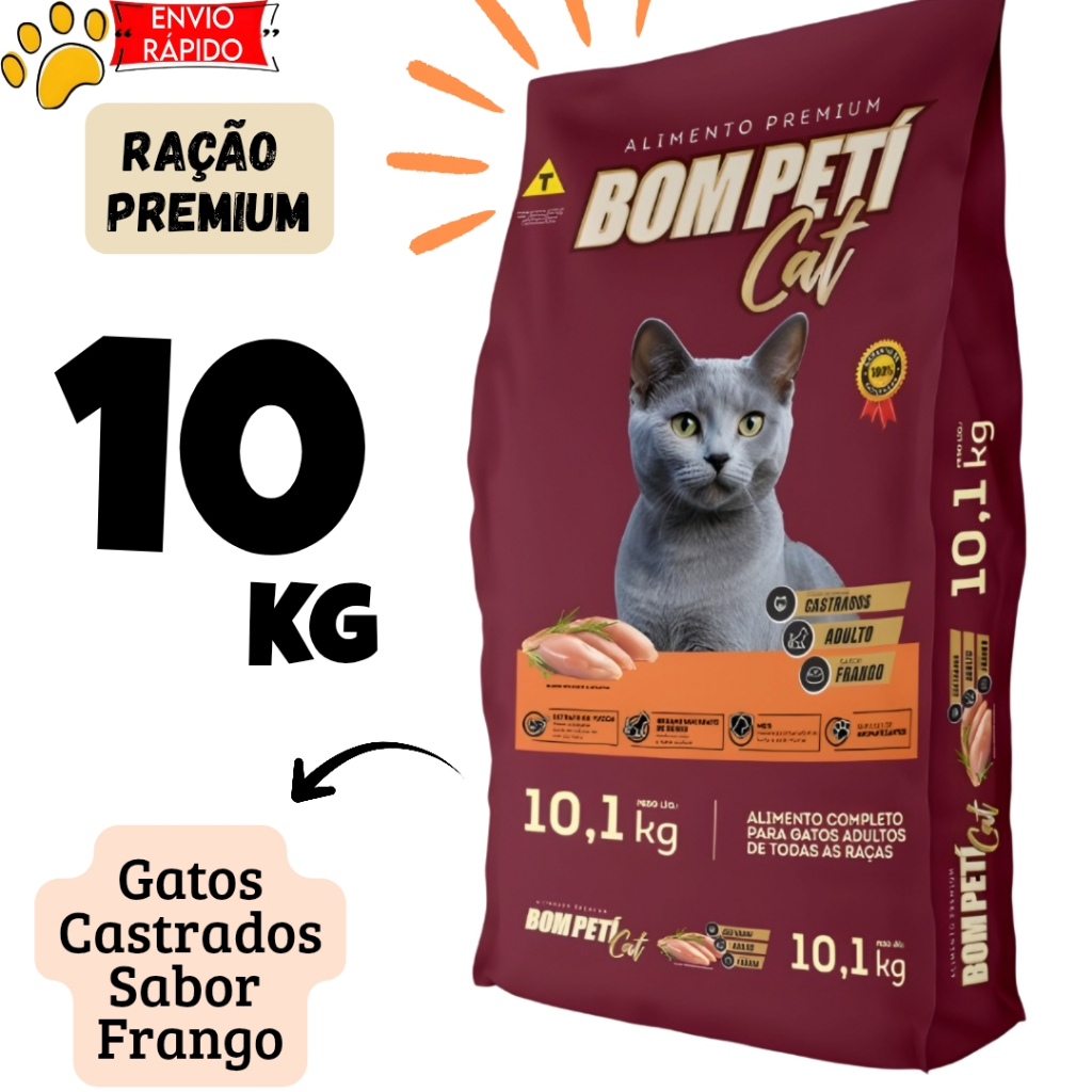 Ração Gato Adulto Castrado Bom Peti Cat 10,1kg Frango Premium Nutrição Completa