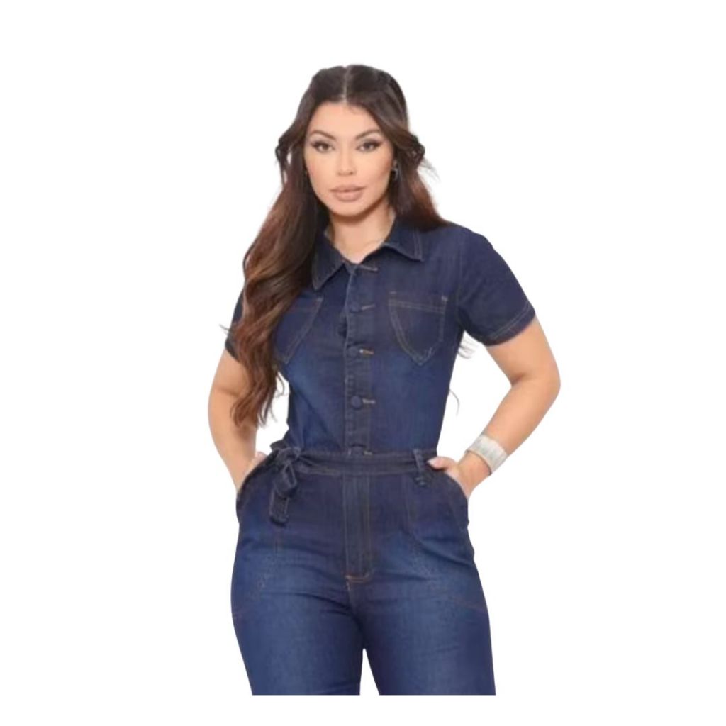 Macacão Jeans Longo com lycra, com cinto e botões encapados. Macacão jeans calça.