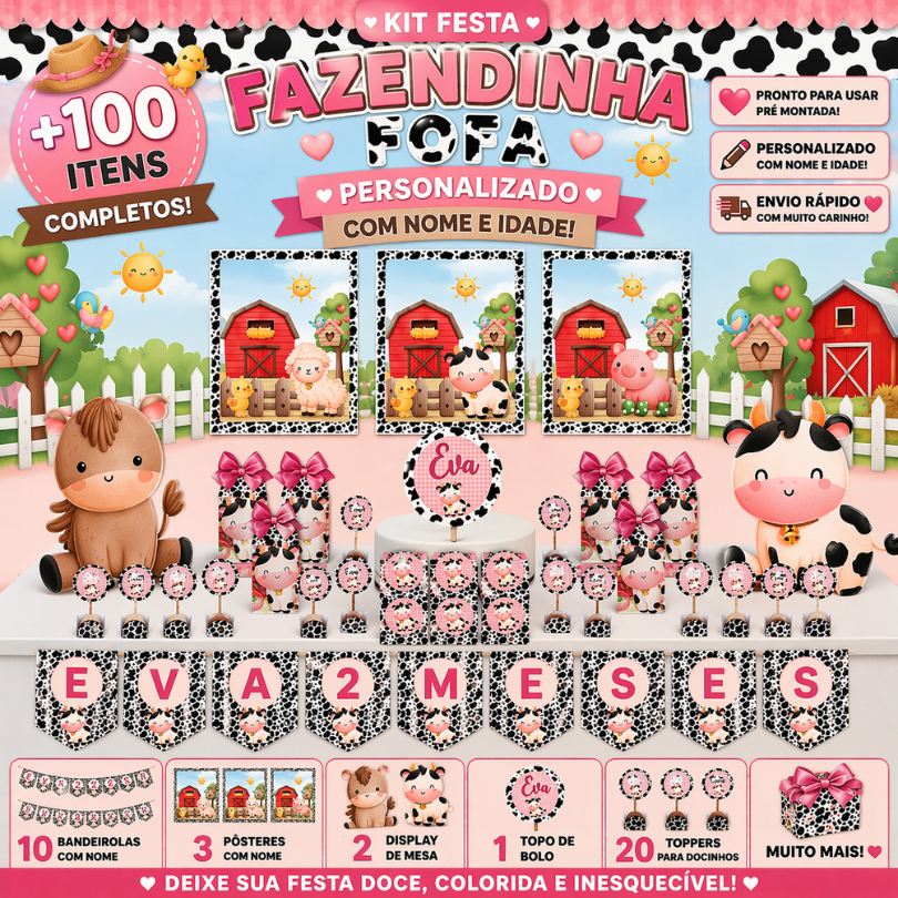KIT FESTA FAZENDINHA PERSONALIZADO SÓ UM BOLINHO|MÊSVERSÁRIO ANIVERSÁRIO| 30 |50 |100 ITENS |LEMBRANCINHA CASA | BOLO