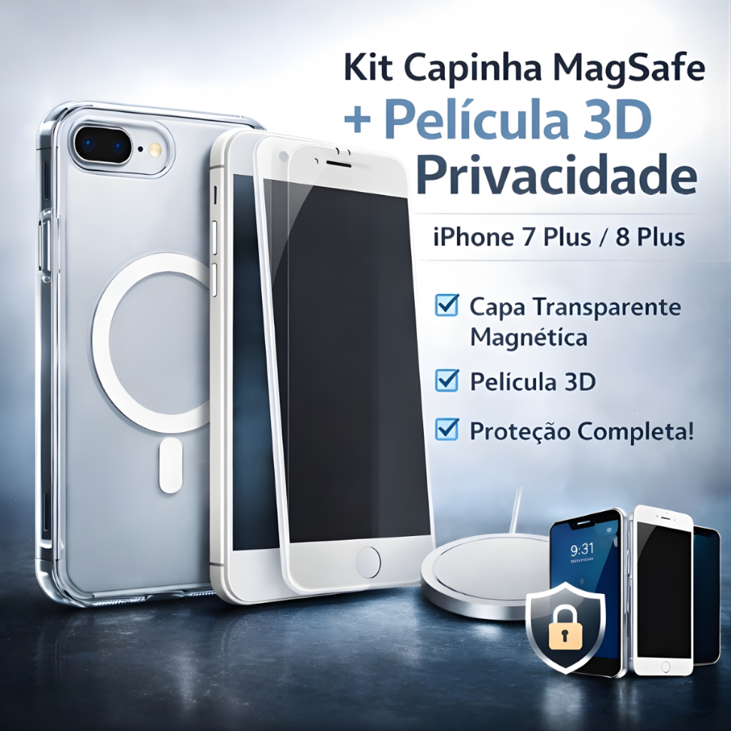 Kit Capinha Capa Magnética MagSafe Para iPhone 7 Plus / 8 Plus + Película 3D Modelo Privacidade