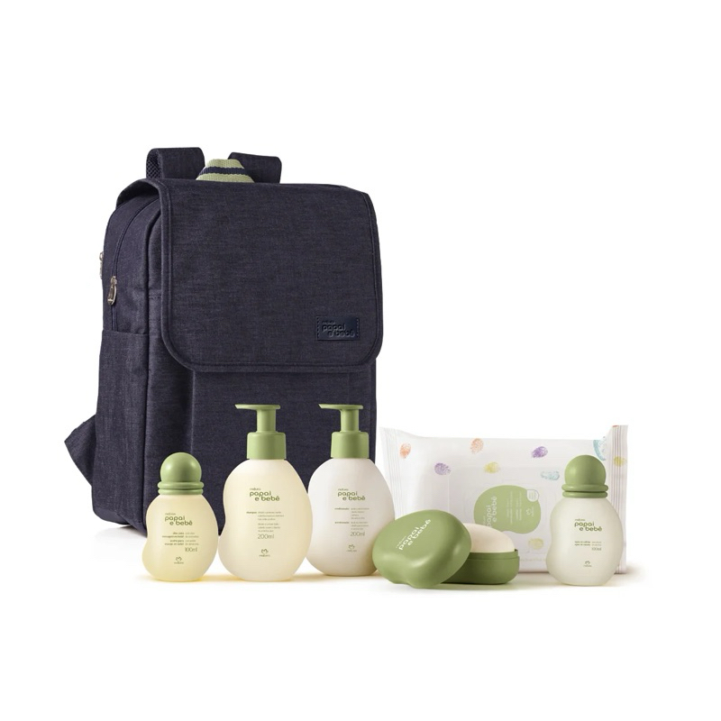 Conjunto papai e bebê com mochila e trocador - Mamãe e bebê Natura