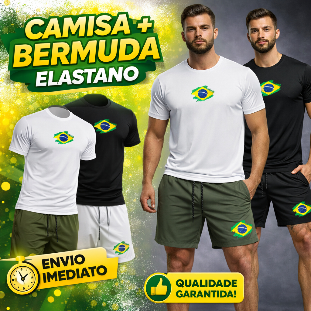 Conjunto Brasil Masculino Fitness Camisa + Bermuda Elastano Academia Treino
