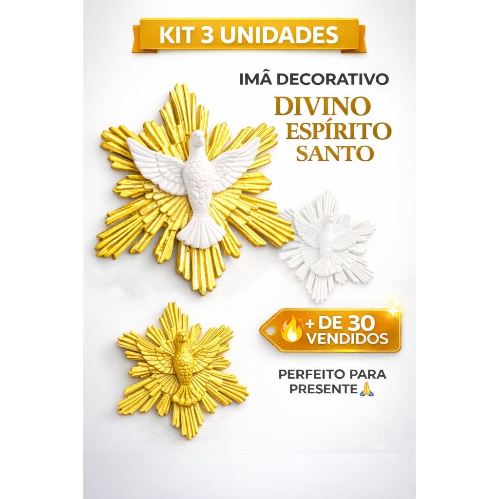 Kit 3 Imã Divino Espírito Santo 6cm Geladeira Decorativo Religioso Presente Fé - 6x6 cm