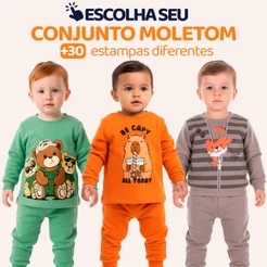 Conjunto Moletom Bebê Menino Neném Blusa e Calça Manga Longa Roupa de Frio Inverno Masculino Agasalho com Estampa L16