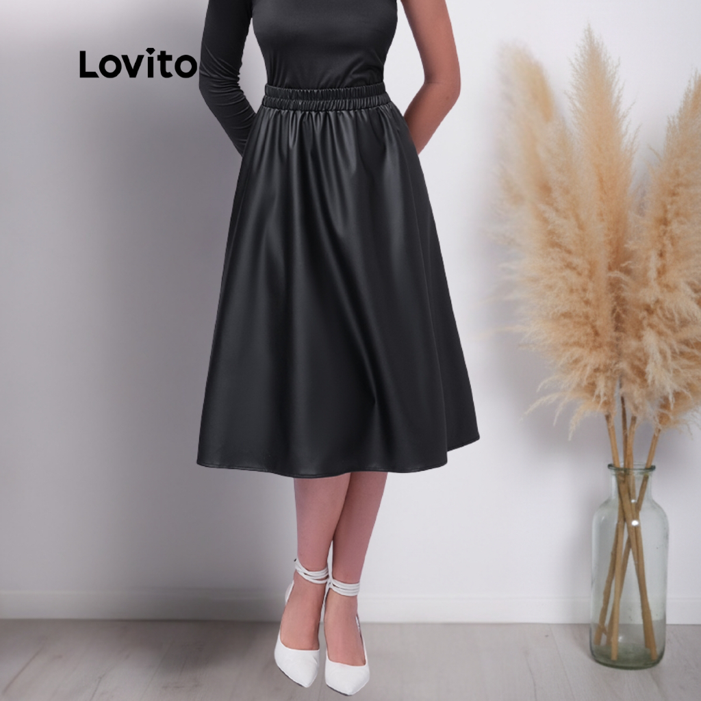 Lovito Saia Midi Rodada Gode Couro Fake Inverno para Mulheres Moda Feminina BRSKB429BRL458 em Oferta na Shopee