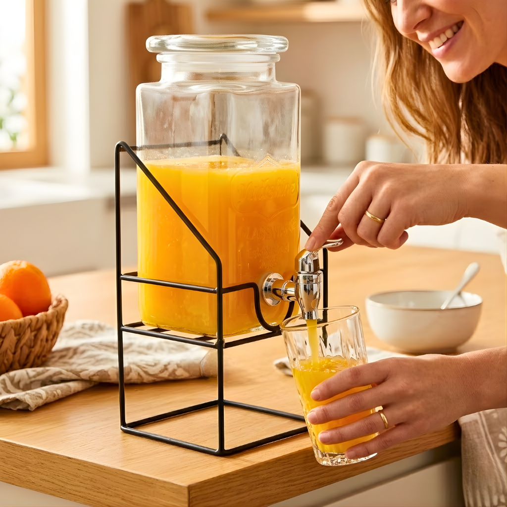 Dispenser Bebidas Vidro c/ Torneira + Suporte  - Suqueira, Elegante, Água, Drinks