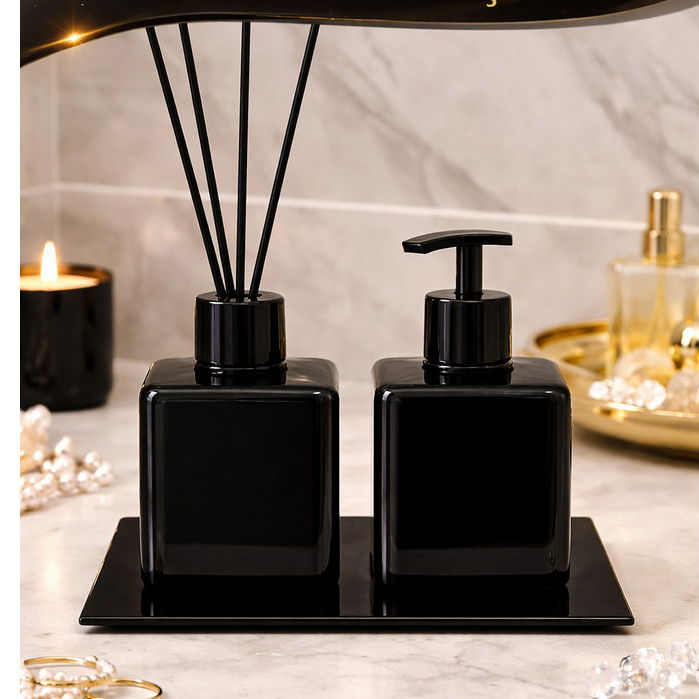 Kit Lavabo Pet Preto Quadrado Com Bandeja Vareta de Fibra Aromatizador Porta Sabonete 220ml