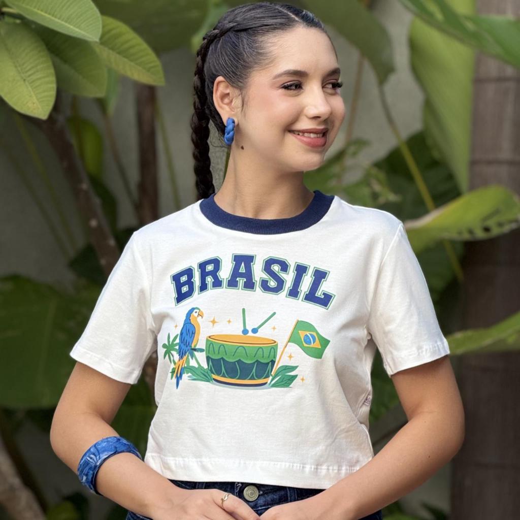Cropped Infantil Feminino Brasil Copa | Camiseta Algodão 100% | Manga Curta Estampada Seleção Brasileira