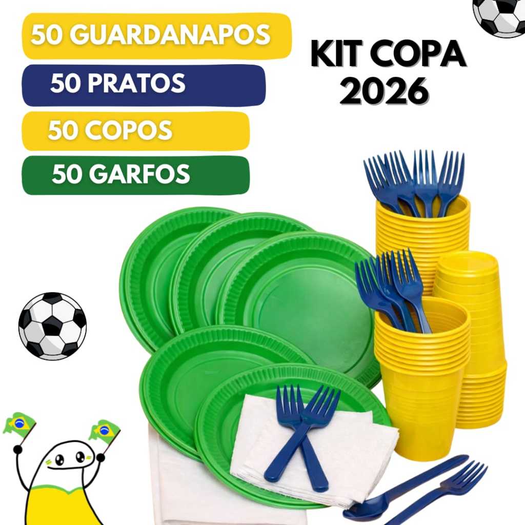 Kit Festa Descartáveis Copa do Mundo 2026 50 Pessoas Prato Copo Guardanapo e Garfo