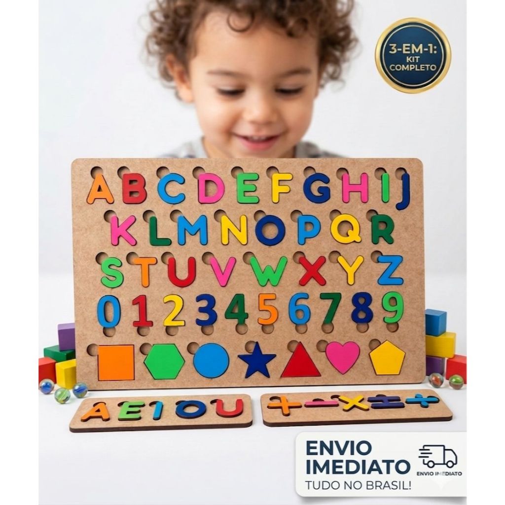 Jogo Pedagógico Infantil MDF Letras e Números Montessori Tabuleiro Alfabetização Kit com Vogais e Sinais Matemáticos