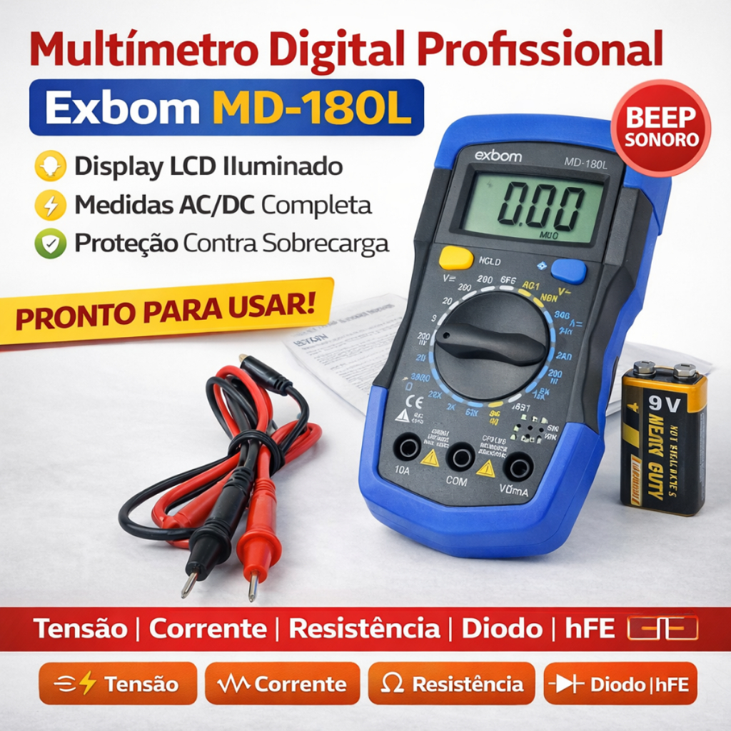 Multímetro Digital Profissional Exbom MD-180L LCD Iluminado Teste AC DC Continuidade Diodo hFE