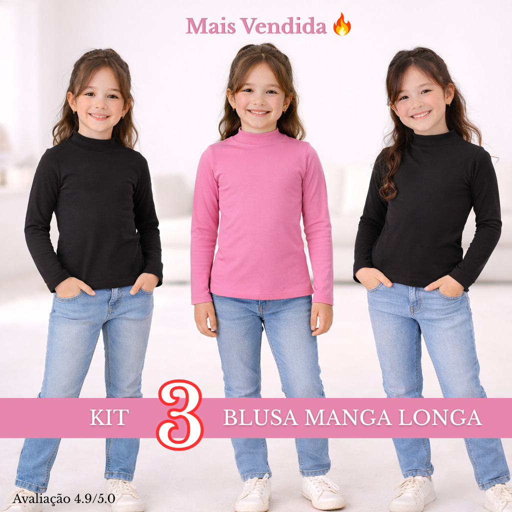KIT 3 Blusas Feminina infantil Manga Longa Peluciada Meia Gola 4 a 14 anos