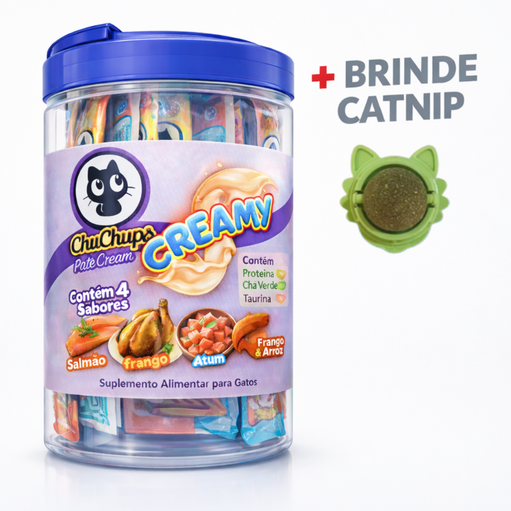 Kit 24 Chuchups Sachê Cremoso para Gatos Sabores Mistos Atum Frango Salmão + Catnip