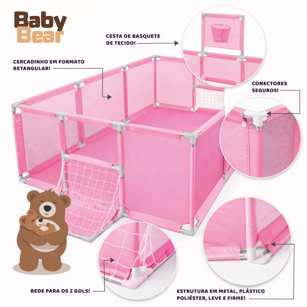 Cercadinho Bebê Grande 180x120x60cm com Tela Baby Bear Rosa Infantil — imagem 2 de 2