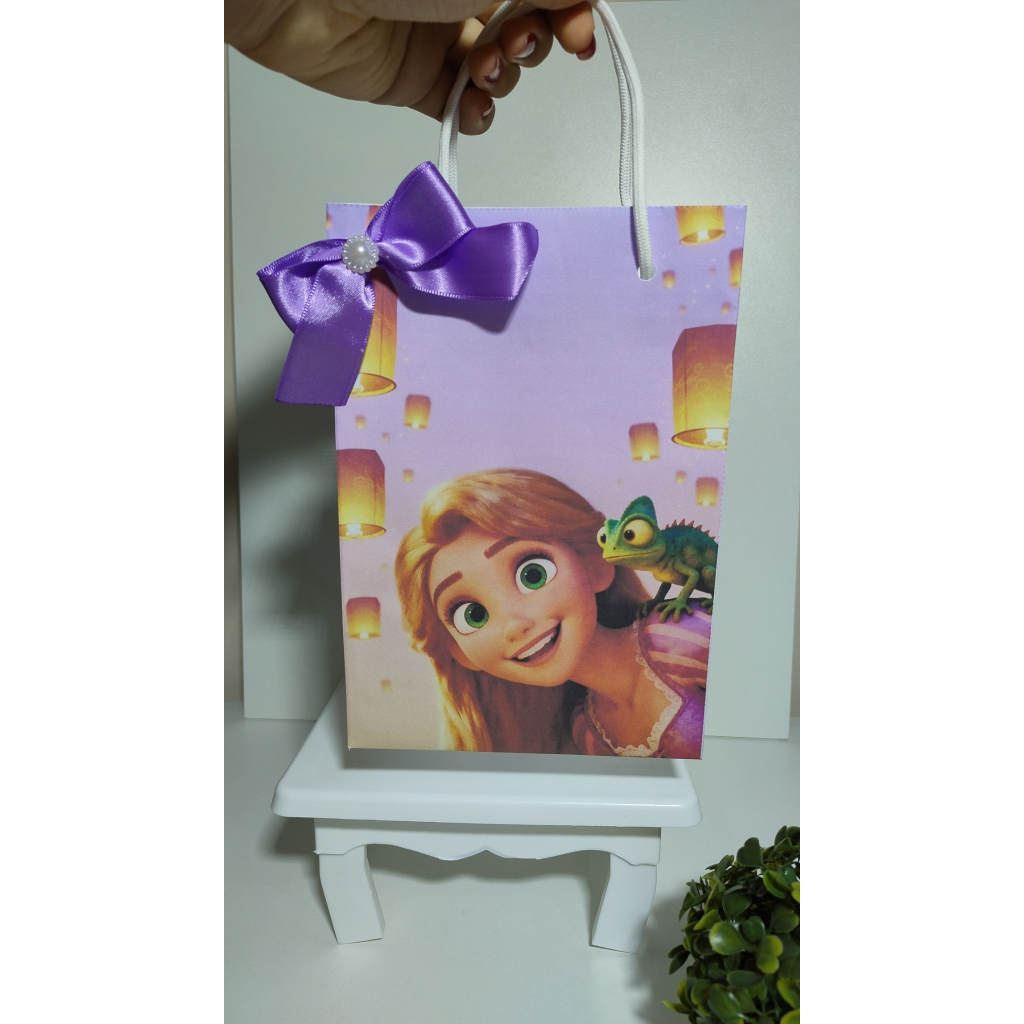 Sacolinhas Rapunzel Enrolados Personalizadas - Montadas com Laço e Cordão - Papel Opaline 180g kit 10 a 50 und.