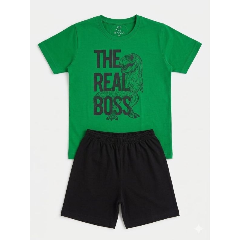Conjunto Infantil Masculino Camiseta Dinossauro Verde + Short Preto Verão Estiloso tam 10 Ragakids