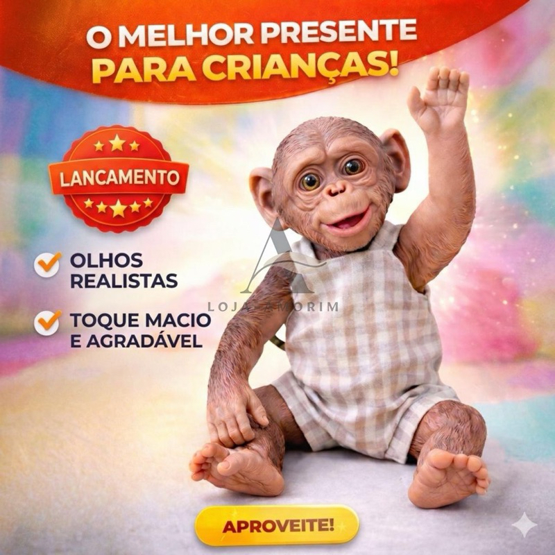 Boneco Macaco Super Realista Bebe Vinil Macio 30cm Lançamento