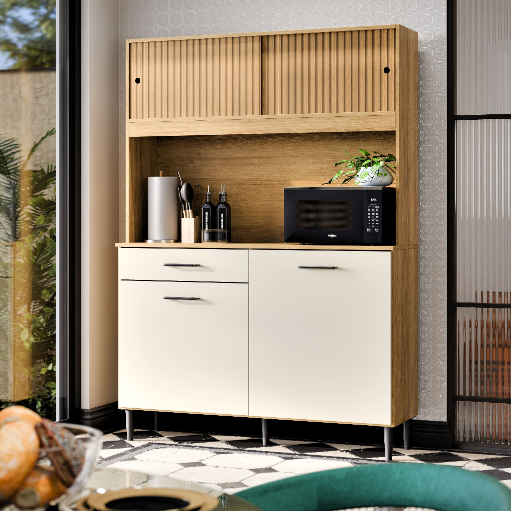 Imagem Armário de Cozinha Completo Sala de Jantar 3 Cores Ripado Com 4 Portas e Gaveta com Nicho Grazi