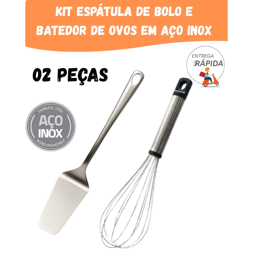 Kit Espátula de Bolo e Batedor de Ovos Fouet Em Aço Inox Cozinha Tortas Doces Confeitaria