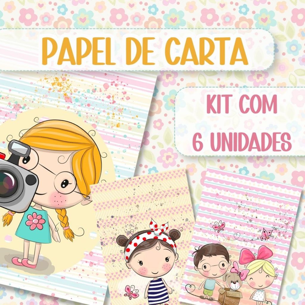 Papel de Carta Infantil Fofo 14x20cm Kit 6 Unidades Scrapbook Cartinhas Decorado