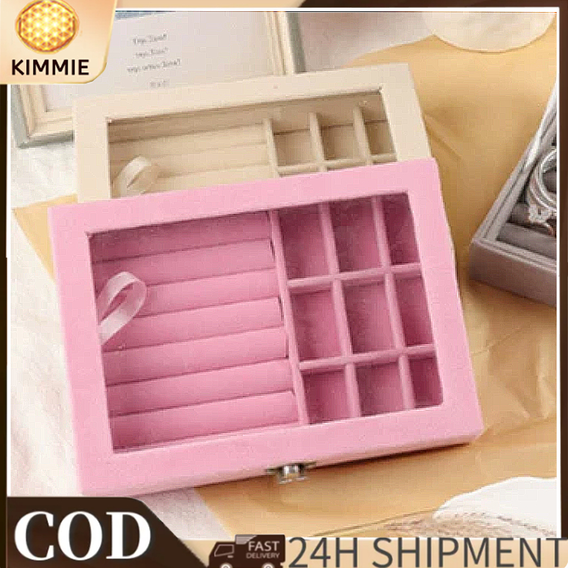 Caixa de Joias 9 Divisórias com Veludo Organizador Portátil para Brincos Anéis Colares Antipoeira Transparente Rosa