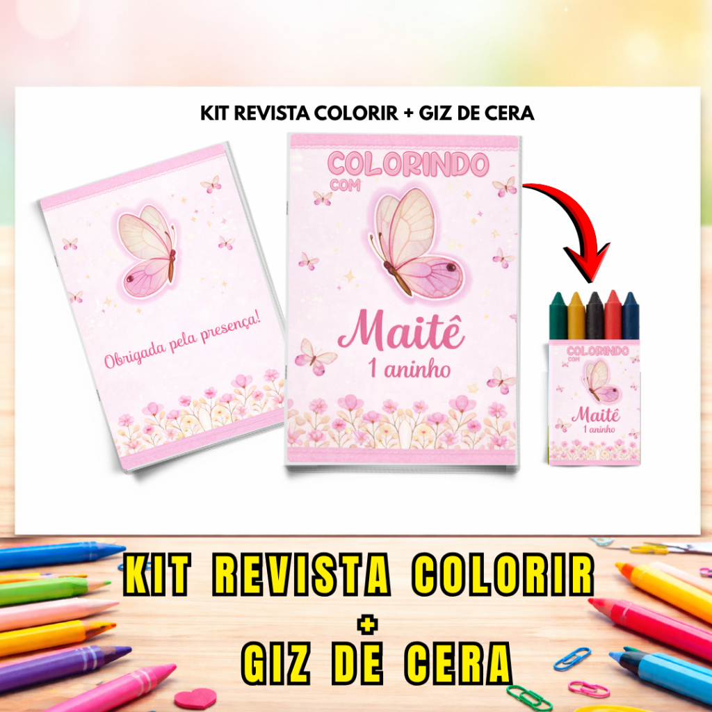 Kit Livrinhos de Colorir Infantil Personalizado + Giz de Cera Lembrancinha Aniversário Revistinhas Tema Borboleta