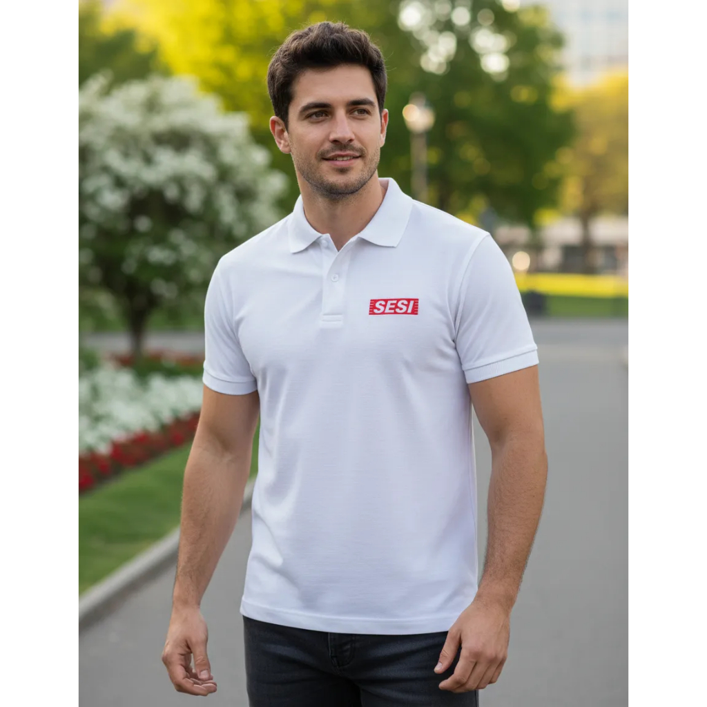 Camiseta Pólo Escola Sesi Masculina em Piquet Estampa em Silk Screen Elegância e Bom Gosto