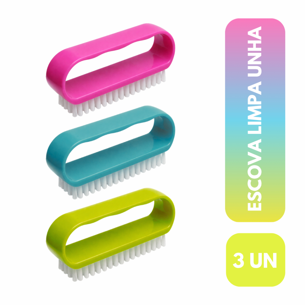 Kit 3 Escova Limpa Unhas Manicure Pedicure Higiene Pessoal Escovinha de Unhas Plástica Limpeza Mãos