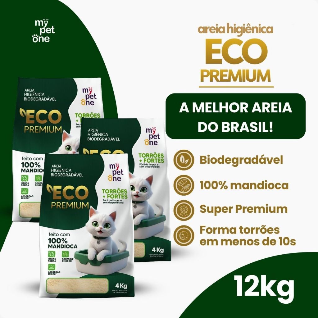 Kit com 3 Areia Biodegradável 4kg Eco Premium Grãos Finos Mandioca - MyPetOne