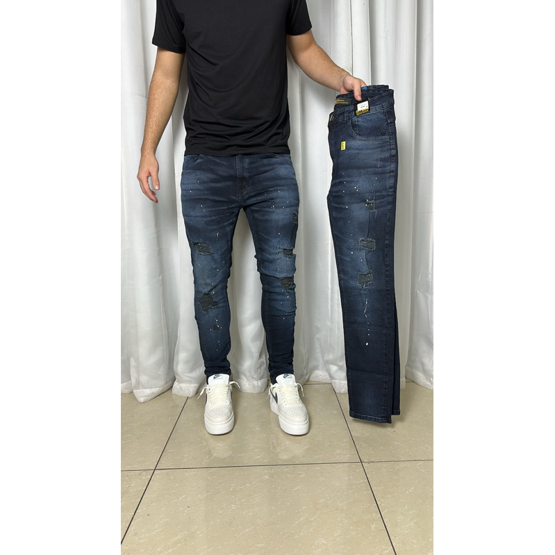 calça jogador City denim Cinza Azul Marinho com efeitos rasgos e tintas masculino 100% original skinny