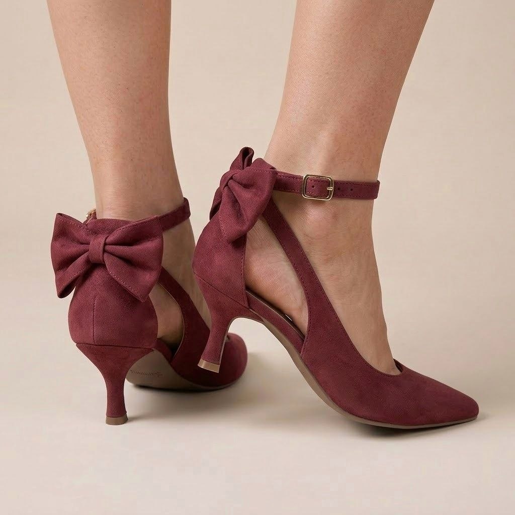 Sapato Scarpin Marsala Salto Baixo Bico Fino Com Laço 7,0cm