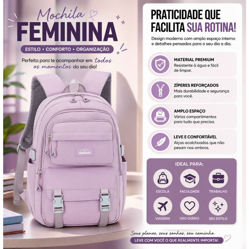 Mochila Bolsa Media Impermeavel Feminina Escolar-Trabalho-Viagem 6017