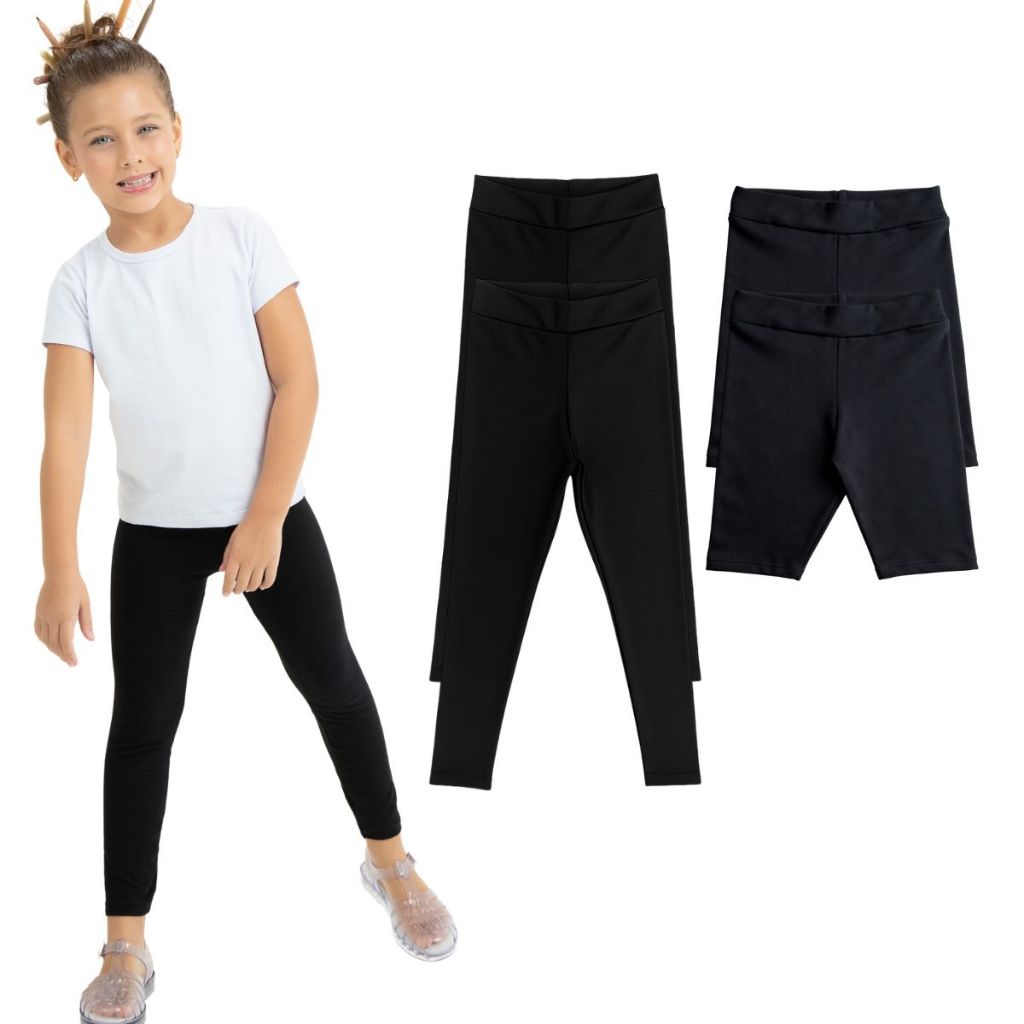 Kit 4 Peças Calça Legging e Bermuda Suplex Uniforme Escolar Infantil Juvenil Menina Tam 1 ao 16