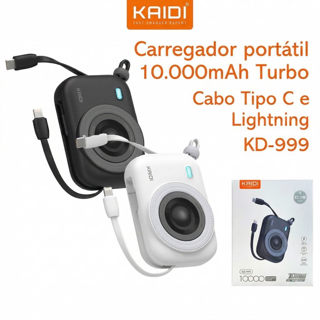 Carregador Portátil Bateria 10000mAh Carregamento Indução Kaidi Tipo-c Turbo Power Bank com 2 cabos embutidos KD-999