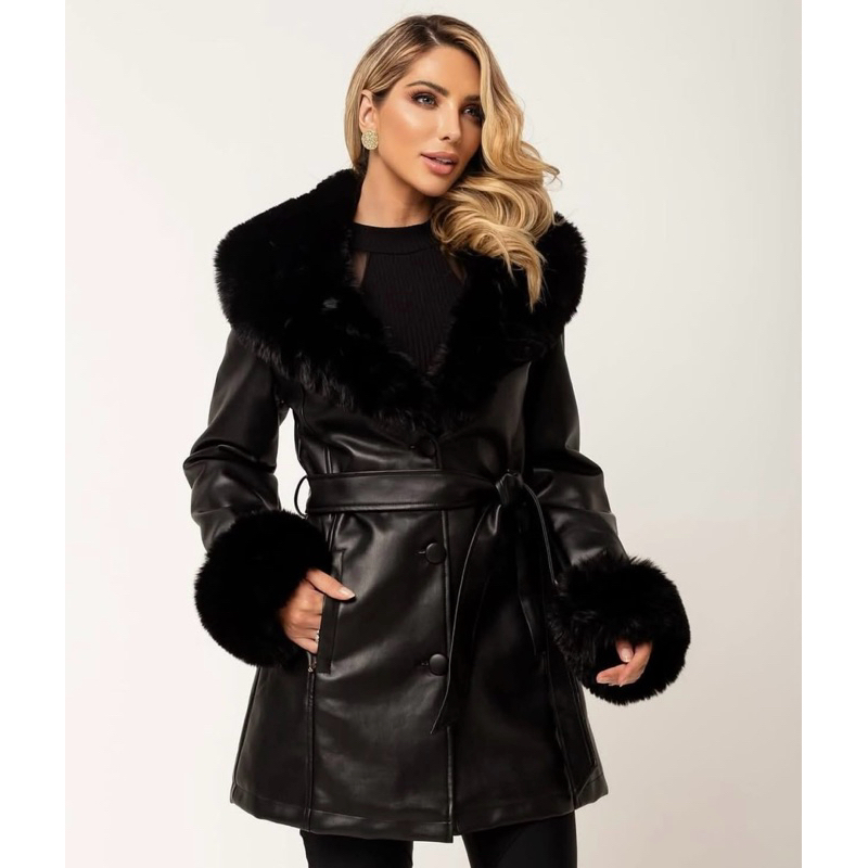 Sobretudo Feminino Longo Couro com Gola de Pelo Removível Casaco Inverno Elegante Premium Quentinho
