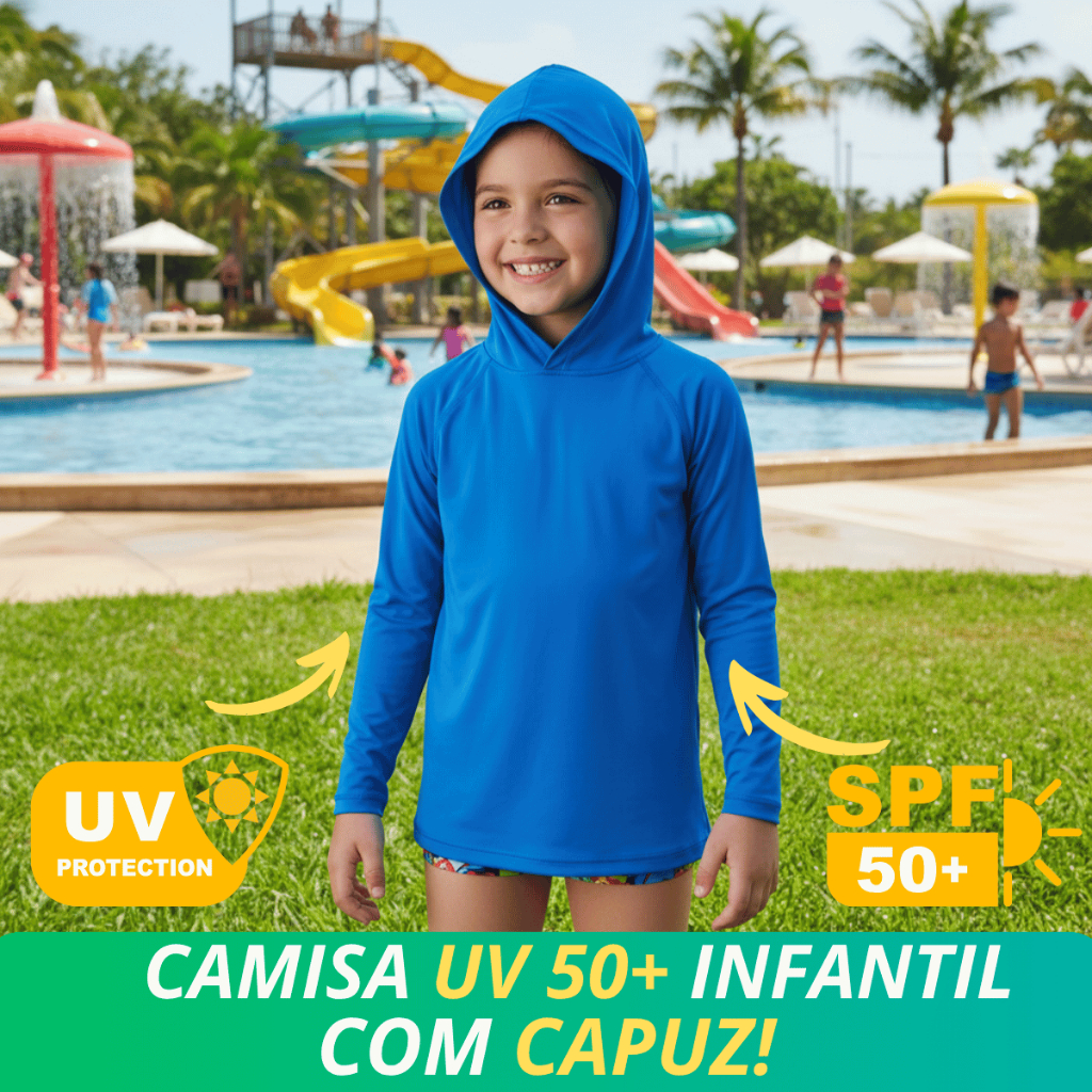 Blusa Térmica Infantil UV 50+ Com Capuz Manga Longa Segunda Pele