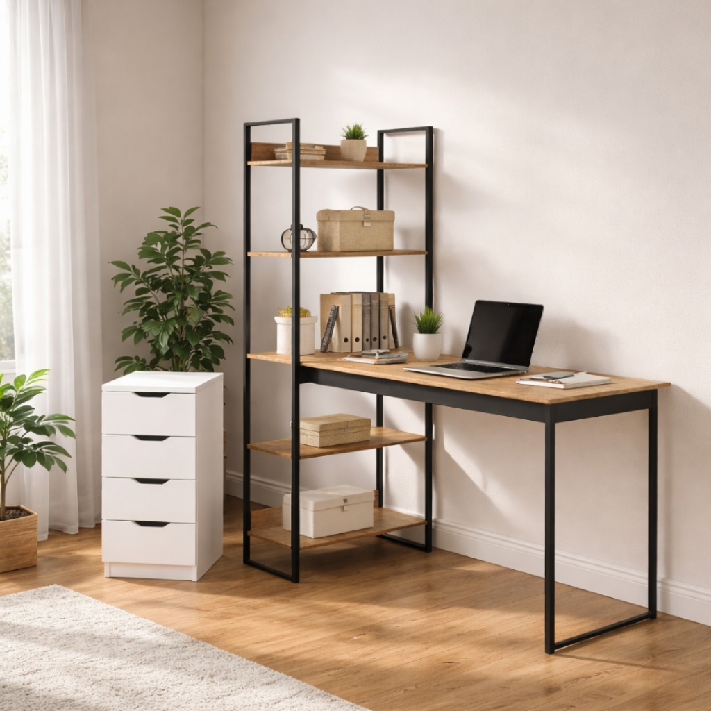 Escrivaninha Com Estante E Gaveteiro 4 Gavetas Home Office Completo Para Trabalho E Estudo