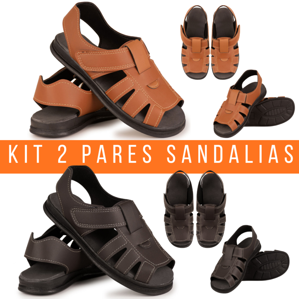 Kit 2 Sandalia masculina de Couro 2 Cores,Sola anti-stress de Alta qualidade e confortavel Original