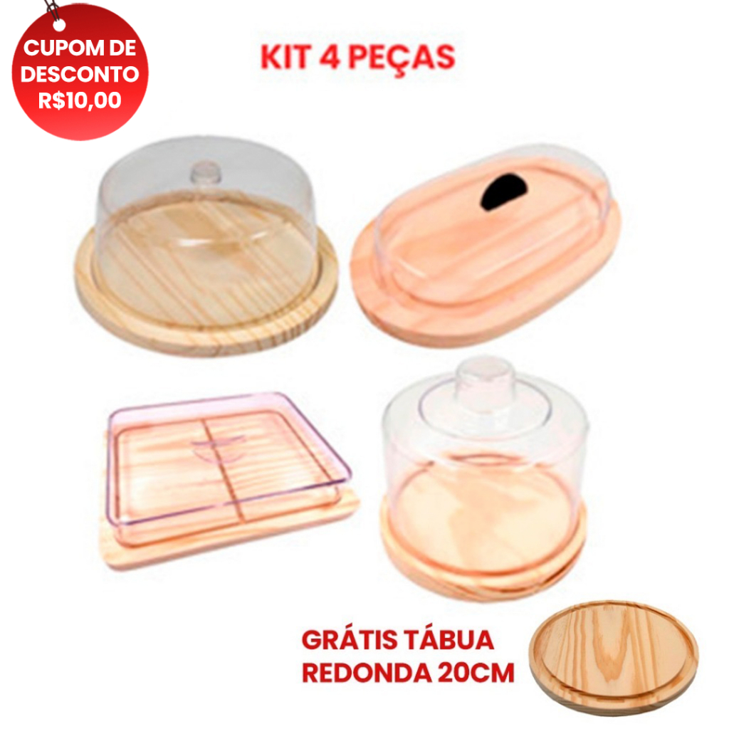 OFERTA 7.7 KIT Café  Manhã,  Boleira, Queijeira, Manteigueira, P. Frios (26X20cm) Madeira NATURAL GRATIS T. REDONDA