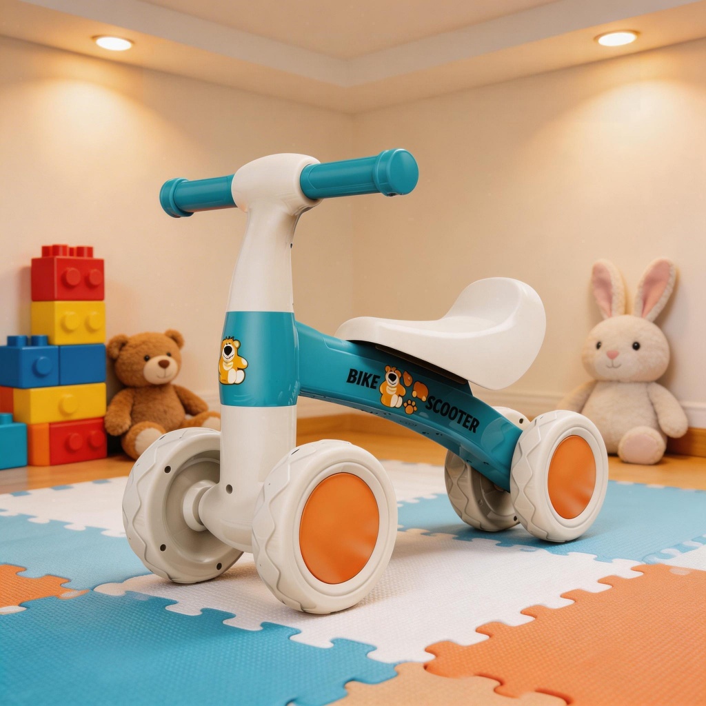 Bicicleta de Equilíbrio 4 Rodas Sem Pedal Andador Infantil, Estável e Segura para Aprender a Andar
