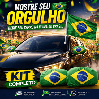 Kit Capa Retrovisor Brasil + Bandeira Brasil Carro Torcida Acessório Automotivo